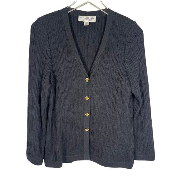 St. John Collection by Marie Gray Cardigan Sweater 6 Black Shoulder Pads Knit - Picture 1 of 9